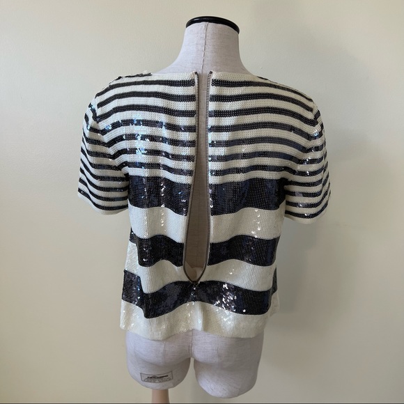 Veronica Beard Black Striped Sequin Boxy Crewneck Tee - Picture 6 of 12